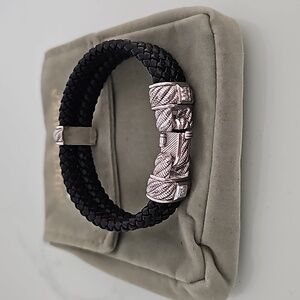 Black Braided Leather Bracelet with Silver Clasp